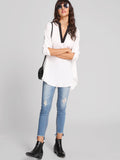 Contrast Trim Rolled Sleeve Curved Hem Blouse