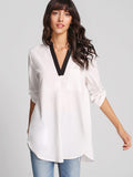 Contrast Trim Rolled Sleeve Curved Hem Blouse