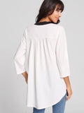 Contrast Trim Rolled Sleeve Curved Hem Blouse