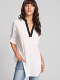 Contrast Trim Rolled Sleeve Curved Hem Blouse