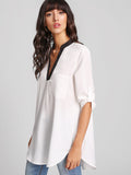 Contrast Trim Rolled Sleeve Curved Hem Blouse