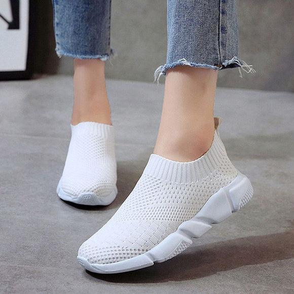 Sneakers Women Breathable Slip On Flat Shoes Soft Bottom White Sneakers